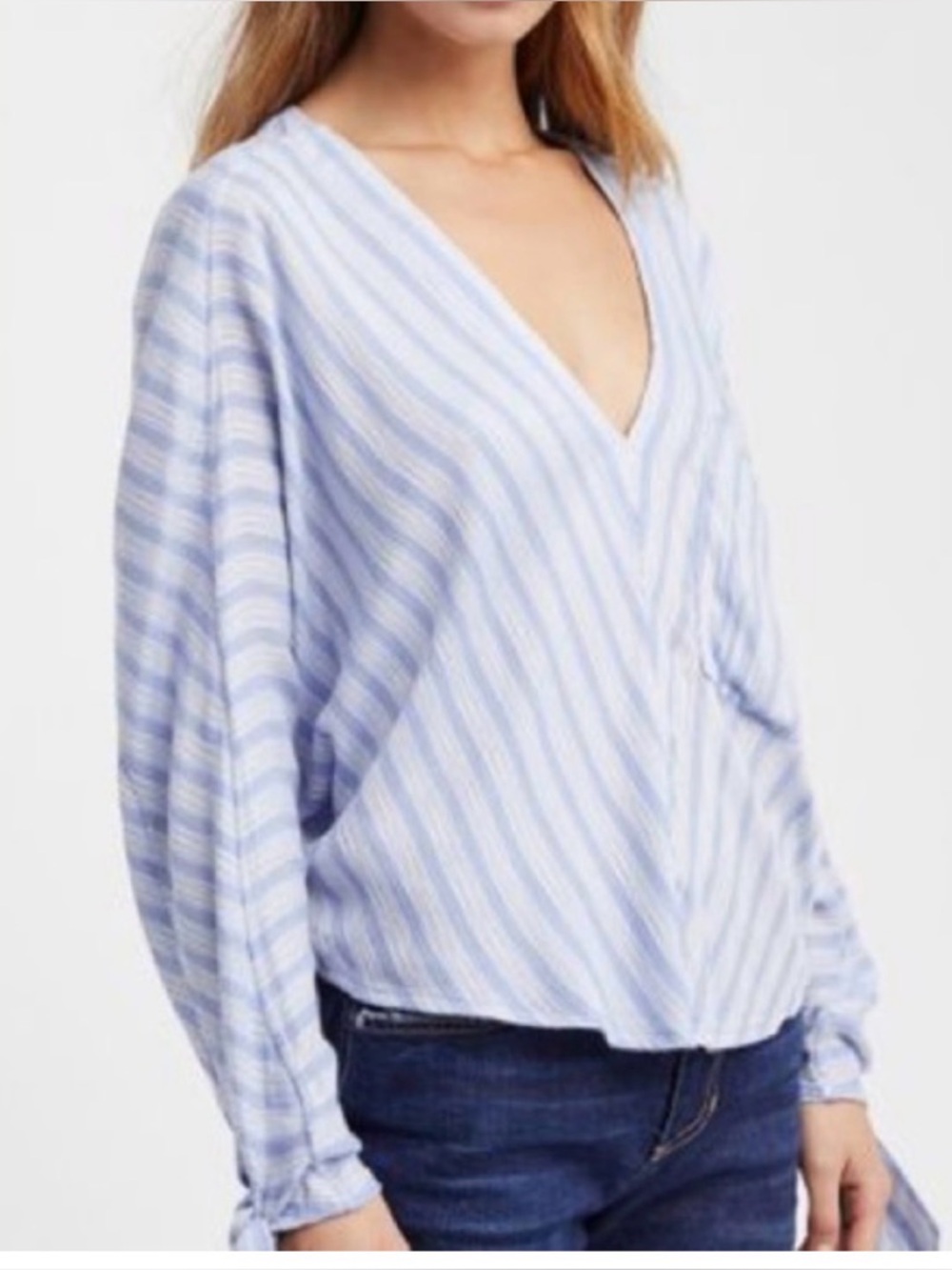 Free People Morning Solid Blue White Striped Long Sleeve Top Large Dolman Sleeve